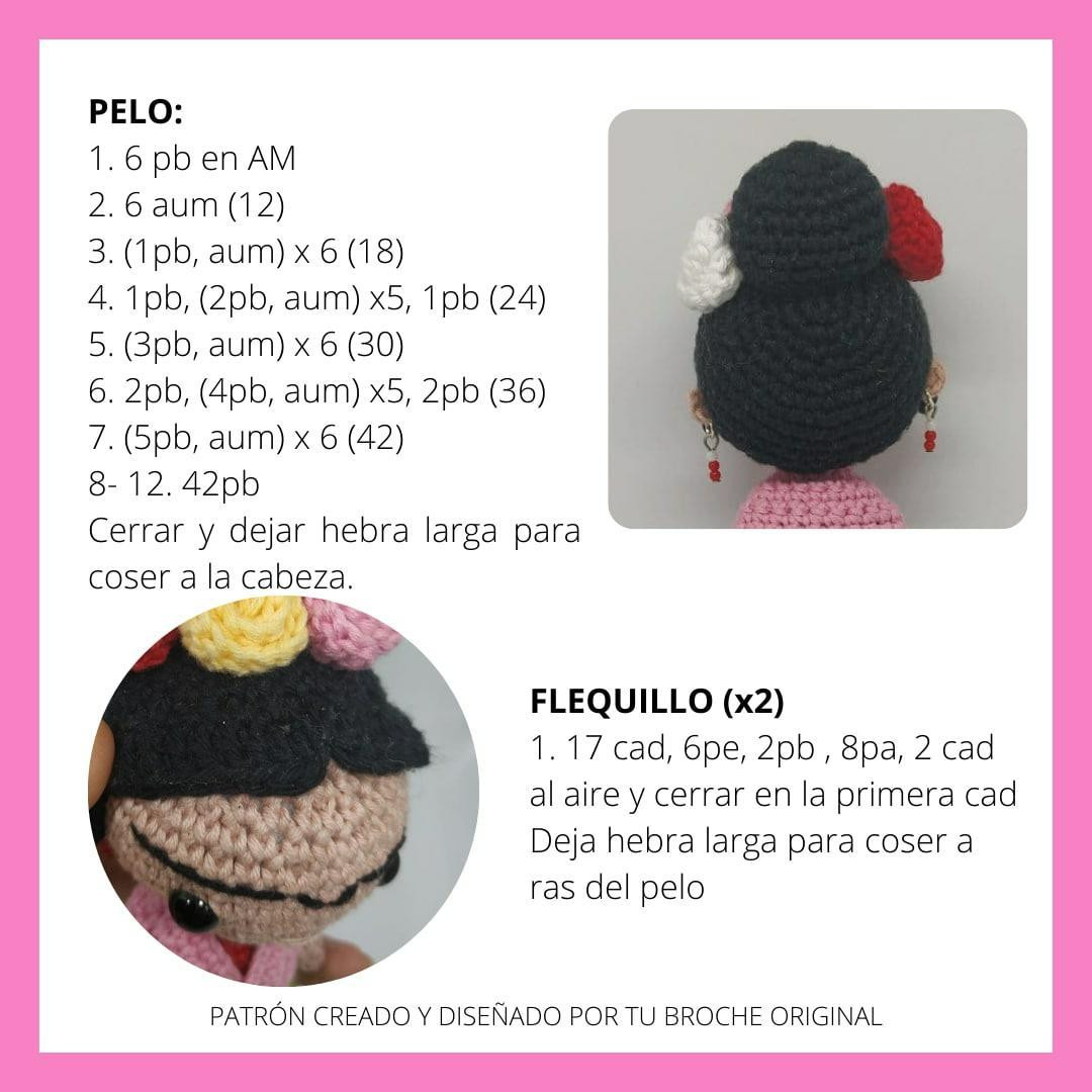 Patrón Gratuito Amigurumi Frida Kahlo - Búp bê móc len dễ thương với hoa trên tóc, khăn quàng hồng và váy xanh lá