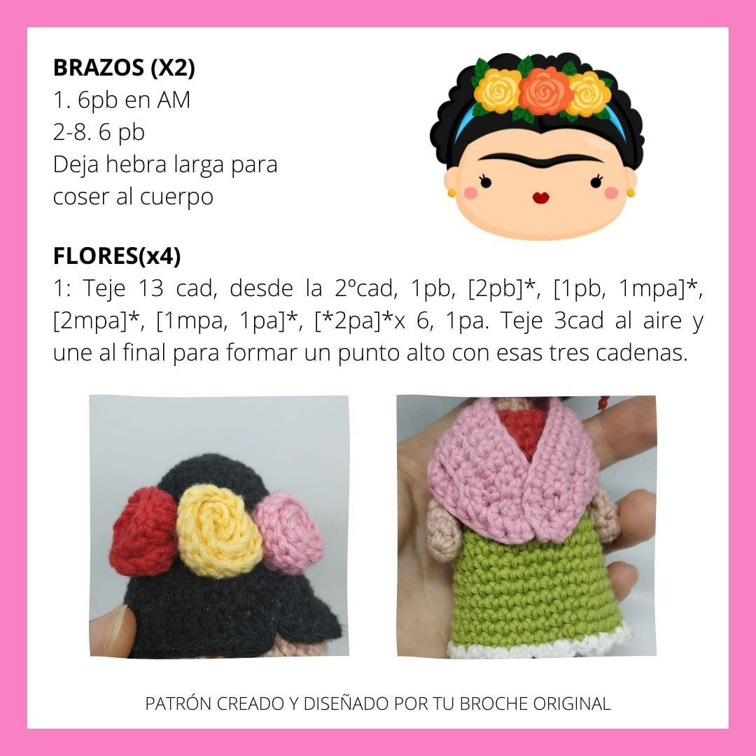 Patrón Gratuito Amigurumi Frida Kahlo - Búp bê móc len dễ thương với hoa trên tóc, khăn quàng hồng và váy xanh lá