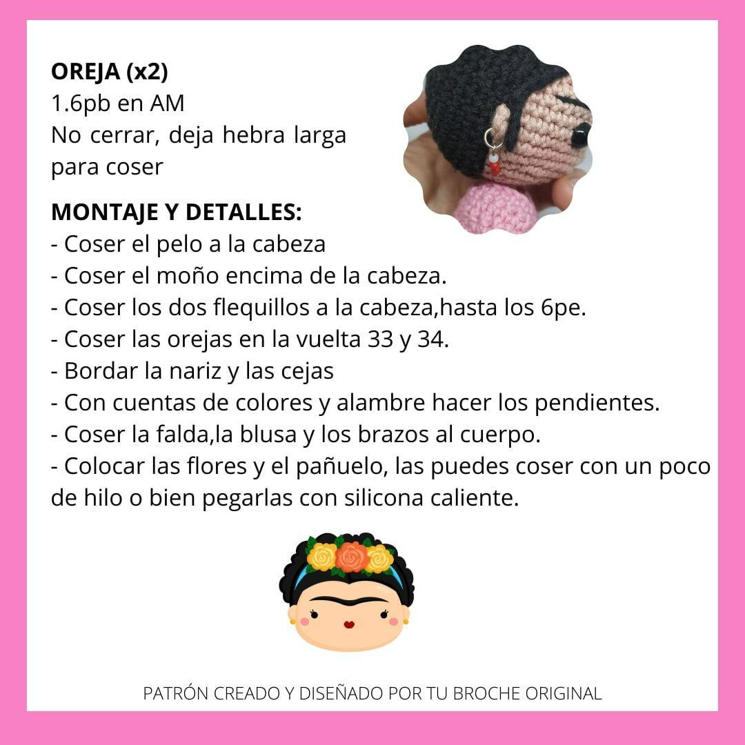 Patrón Gratuito Amigurumi Frida Kahlo - Búp bê móc len dễ thương với hoa trên tóc, khăn quàng hồng và váy xanh lá