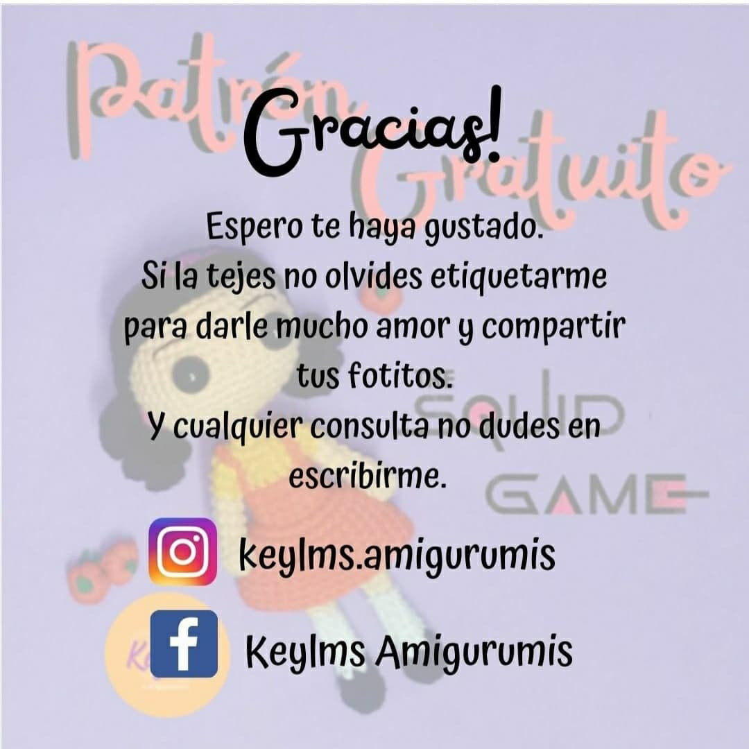Patrón Gratuito Amigurumi The Squid Game: Búp bê mặc đồ cam, tóc đen, hướng dẫn chi tiết bằng tiếng Tây Ban Nha