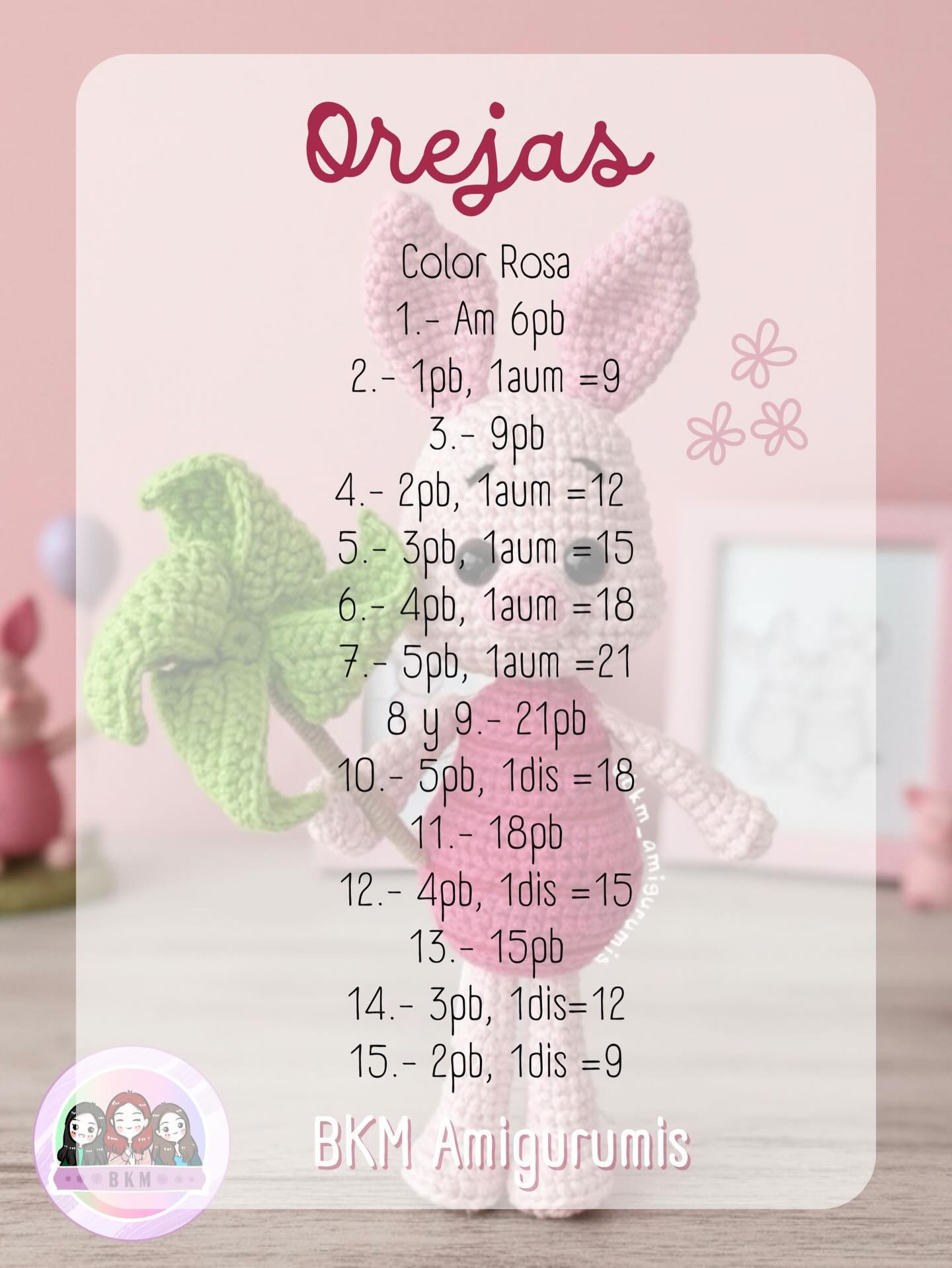 Patrón Gratuito BKM Amigurumis: Muñeco de conejo rosa con vestido fucsia y abanico verde, materiales y abreviaturas