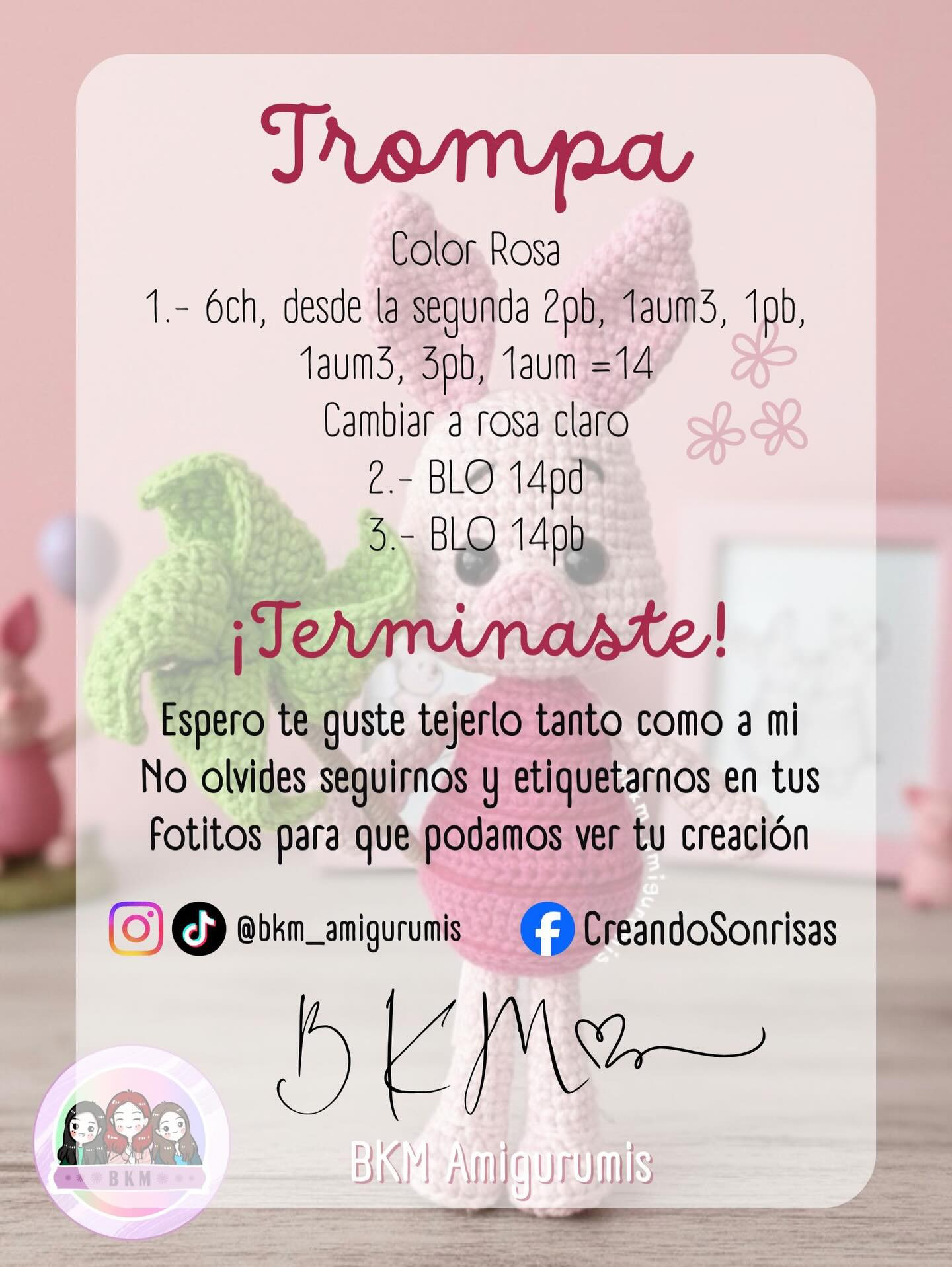 Patrón Gratuito BKM Amigurumis: Muñeco de conejo rosa con vestido fucsia y abanico verde, materiales y abreviaturas
