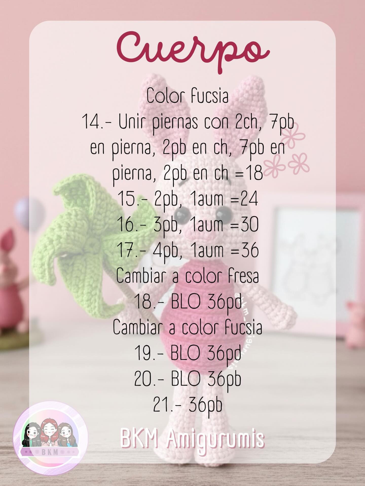 Patrón Gratuito BKM Amigurumis: Muñeco de conejo rosa con vestido fucsia y abanico verde, materiales y abreviaturas