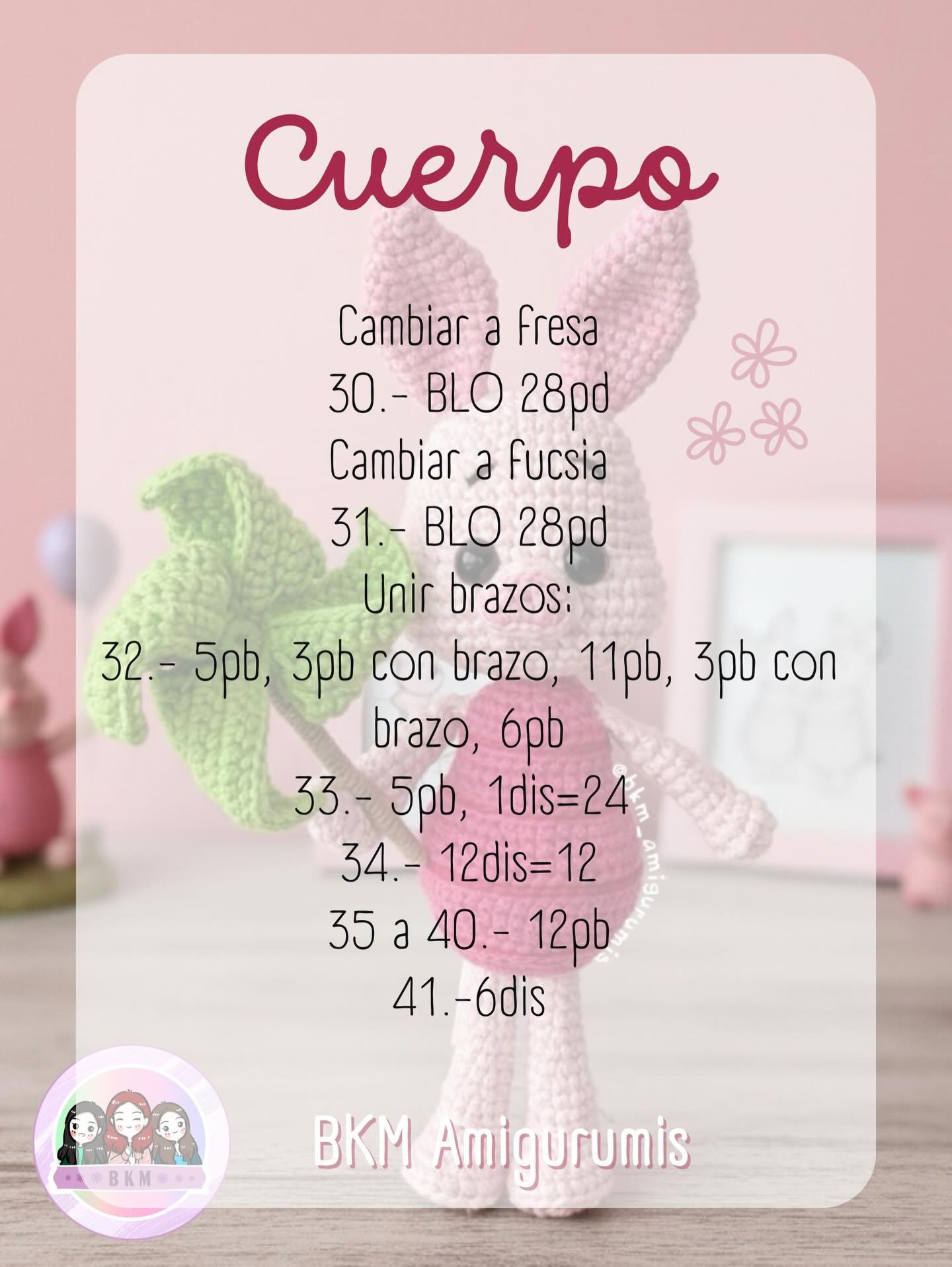 Patrón Gratuito BKM Amigurumis: Muñeco de conejo rosa con vestido fucsia y abanico verde, materiales y abreviaturas