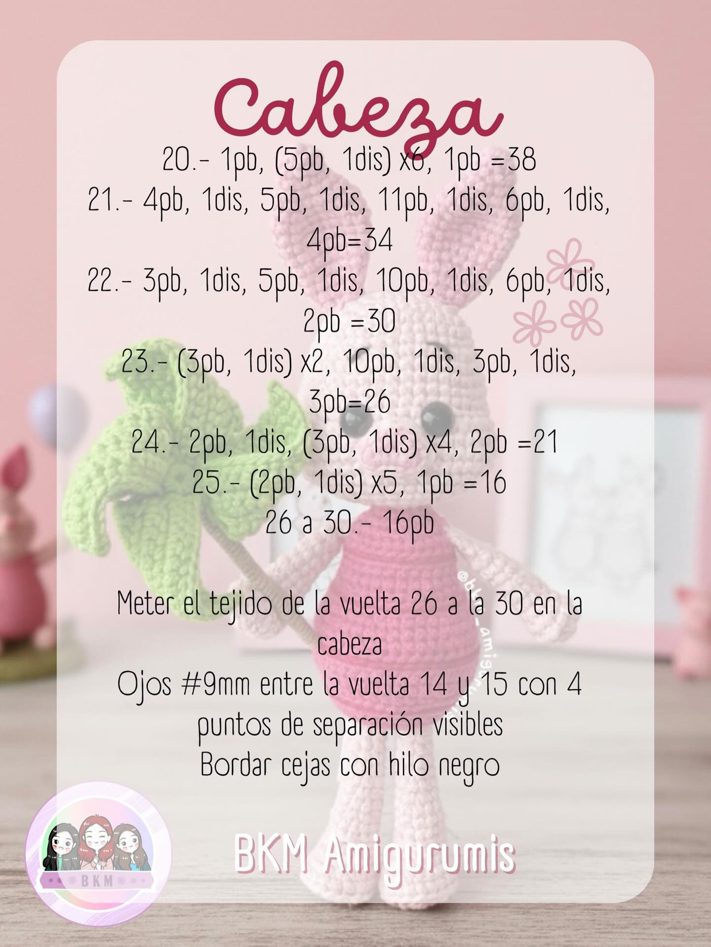 Patrón Gratuito BKM Amigurumis: Muñeco de conejo rosa con vestido fucsia y abanico verde, materiales y abreviaturas