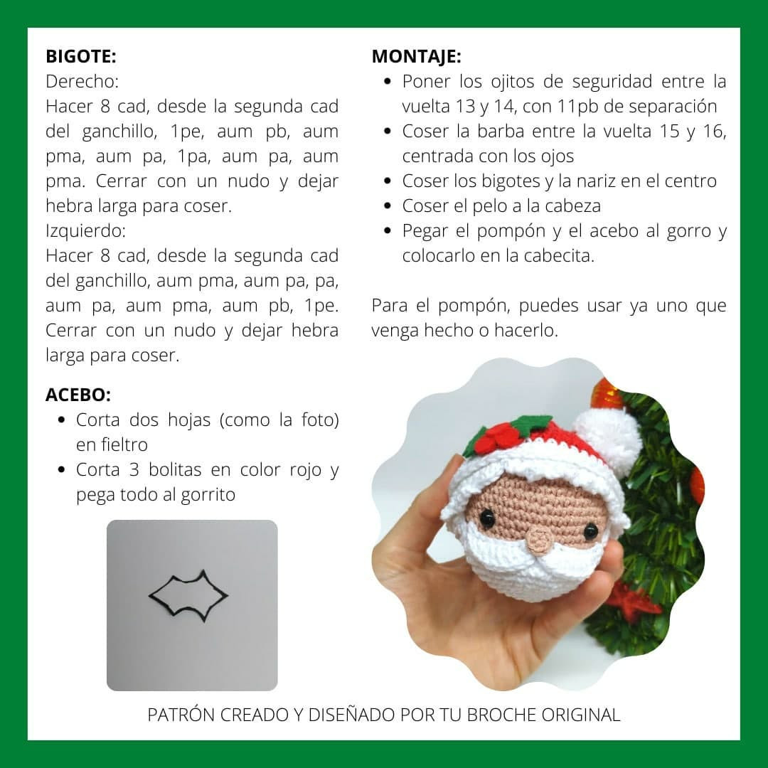 Patrón Gratuito de Amigurumi: Cabeza de Santa Claus Navideña con Barba Blanca y Gorro Rojo