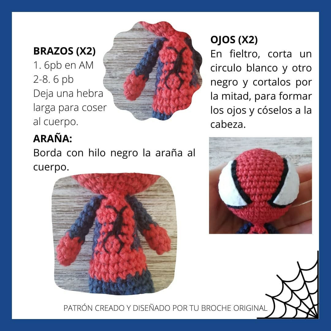 Patrón Gratuito de Amigurumi Spider-Man: Búp bê nhện màu đỏ và xanh với hướng dẫn chi tiết