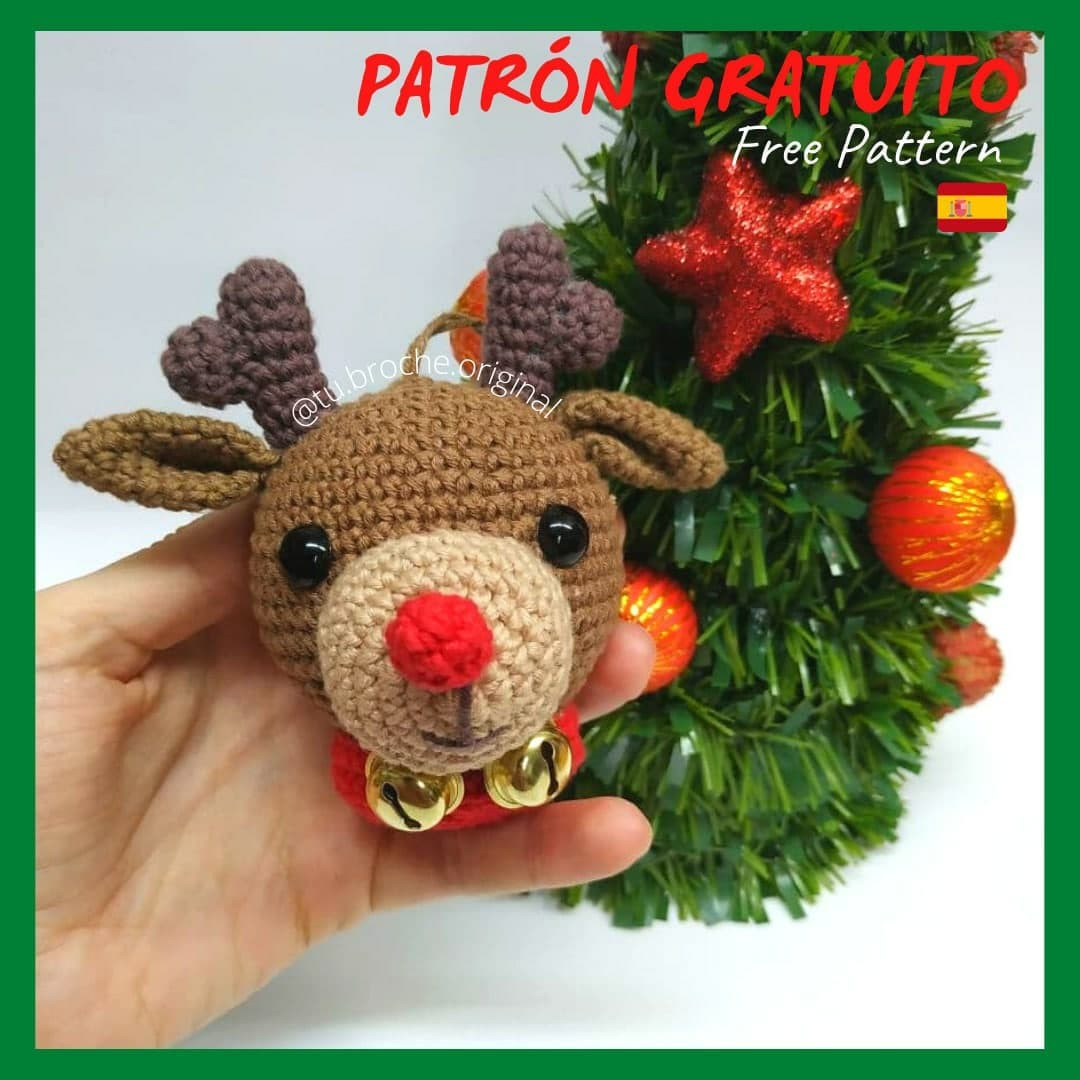 Patrón Gratuito de Ciervo Rudolph Amigurumi para Decoración de Navidad con Cascabeles