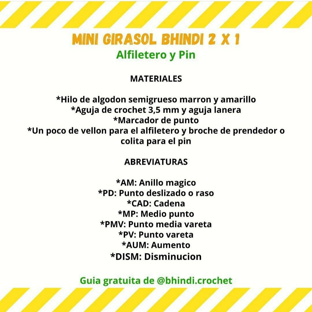 Patrón gratuito de Mini Girasol Bhindi: Alfilerero y Pin de crochet amarillo y marrón