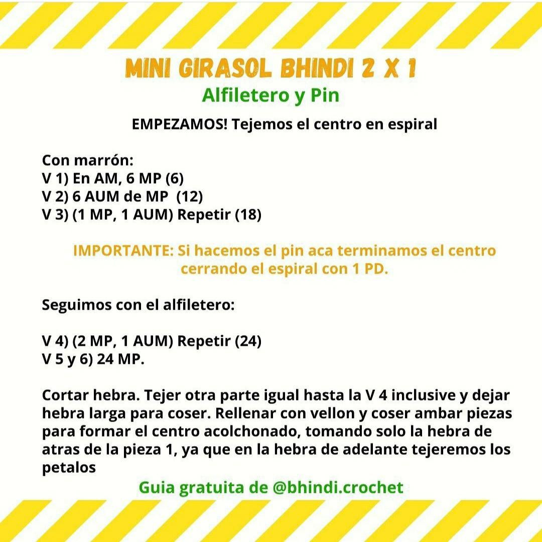 Patrón gratuito de Mini Girasol Bhindi: Alfilerero y Pin de crochet amarillo y marrón