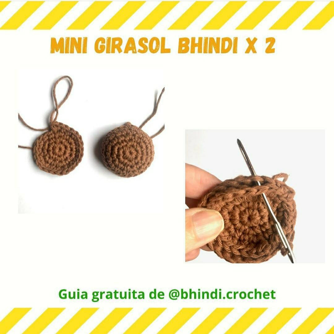 Patrón gratuito de Mini Girasol Bhindi: Alfilerero y Pin de crochet amarillo y marrón