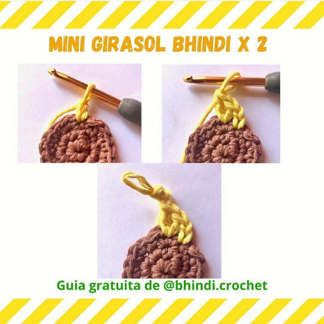 Patrón gratuito de Mini Girasol Bhindi: Alfilerero y Pin de crochet amarillo y marrón