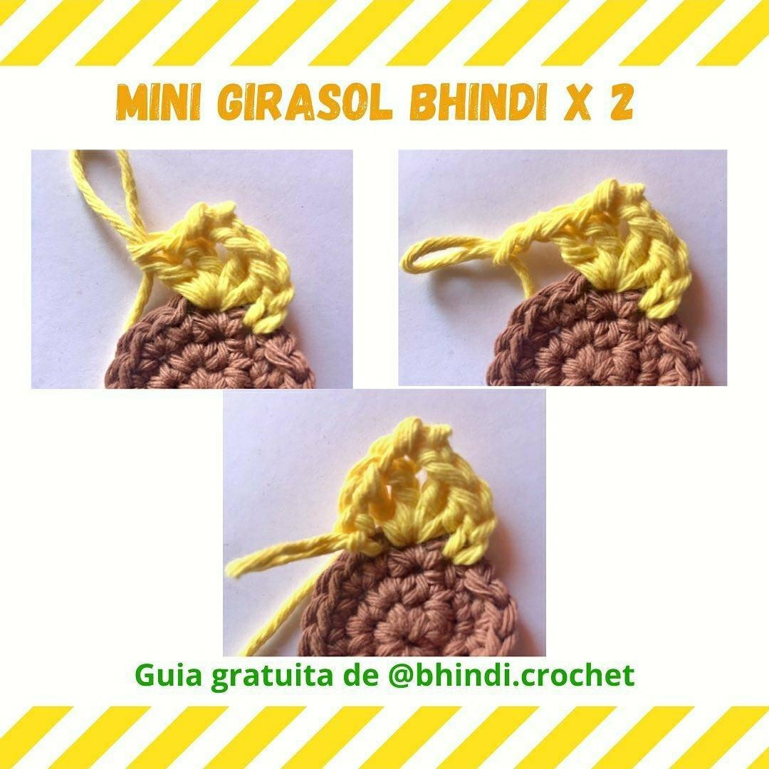 Patrón gratuito de Mini Girasol Bhindi: Alfilerero y Pin de crochet amarillo y marrón