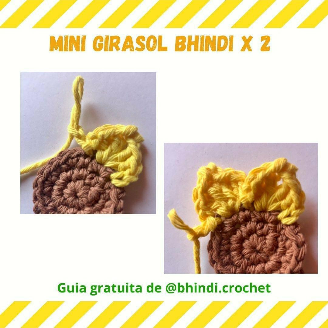Patrón gratuito de Mini Girasol Bhindi: Alfilerero y Pin de crochet amarillo y marrón