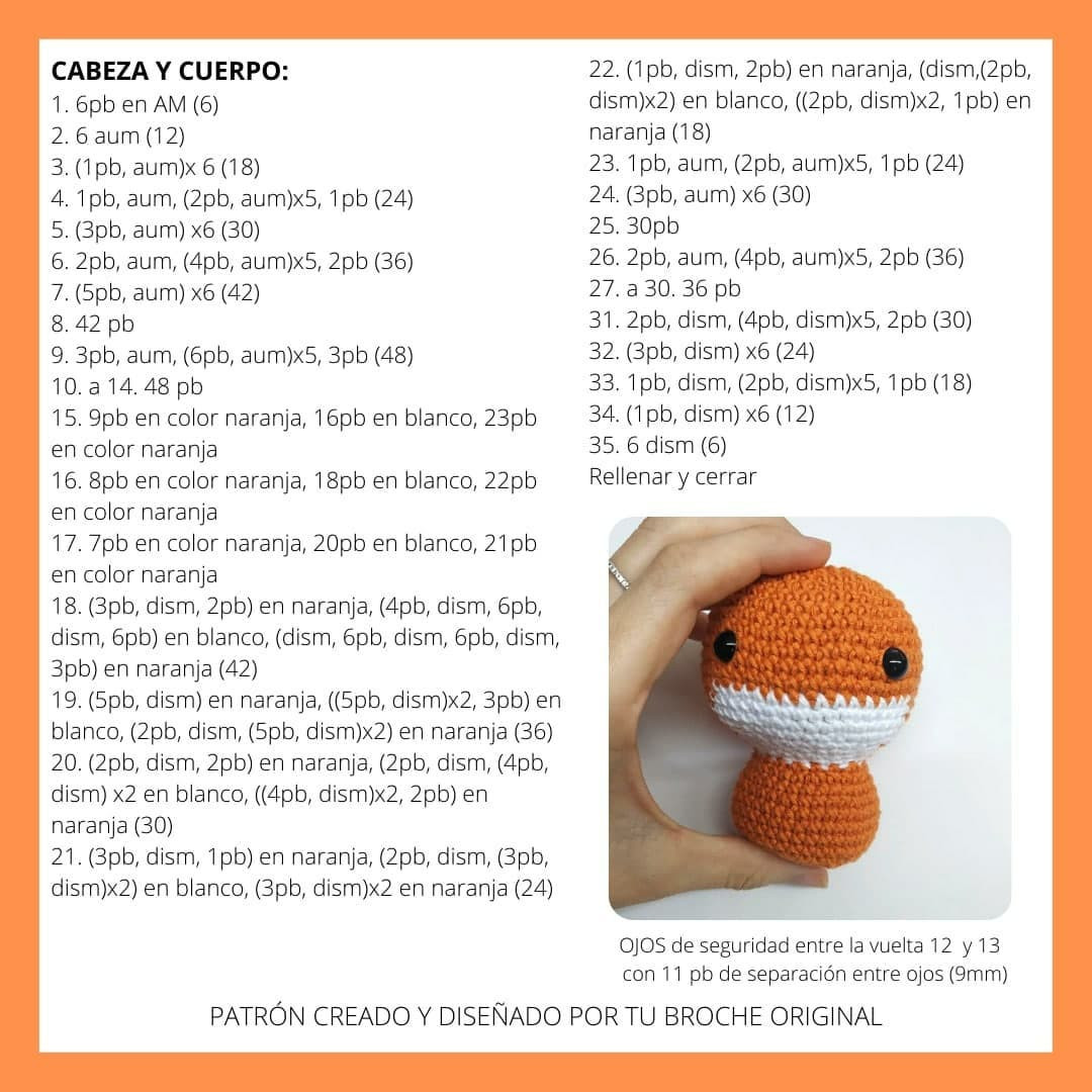 Patrón gratuito de zorro amigurumi en naranja, blanco y negro con instrucciones paso a paso