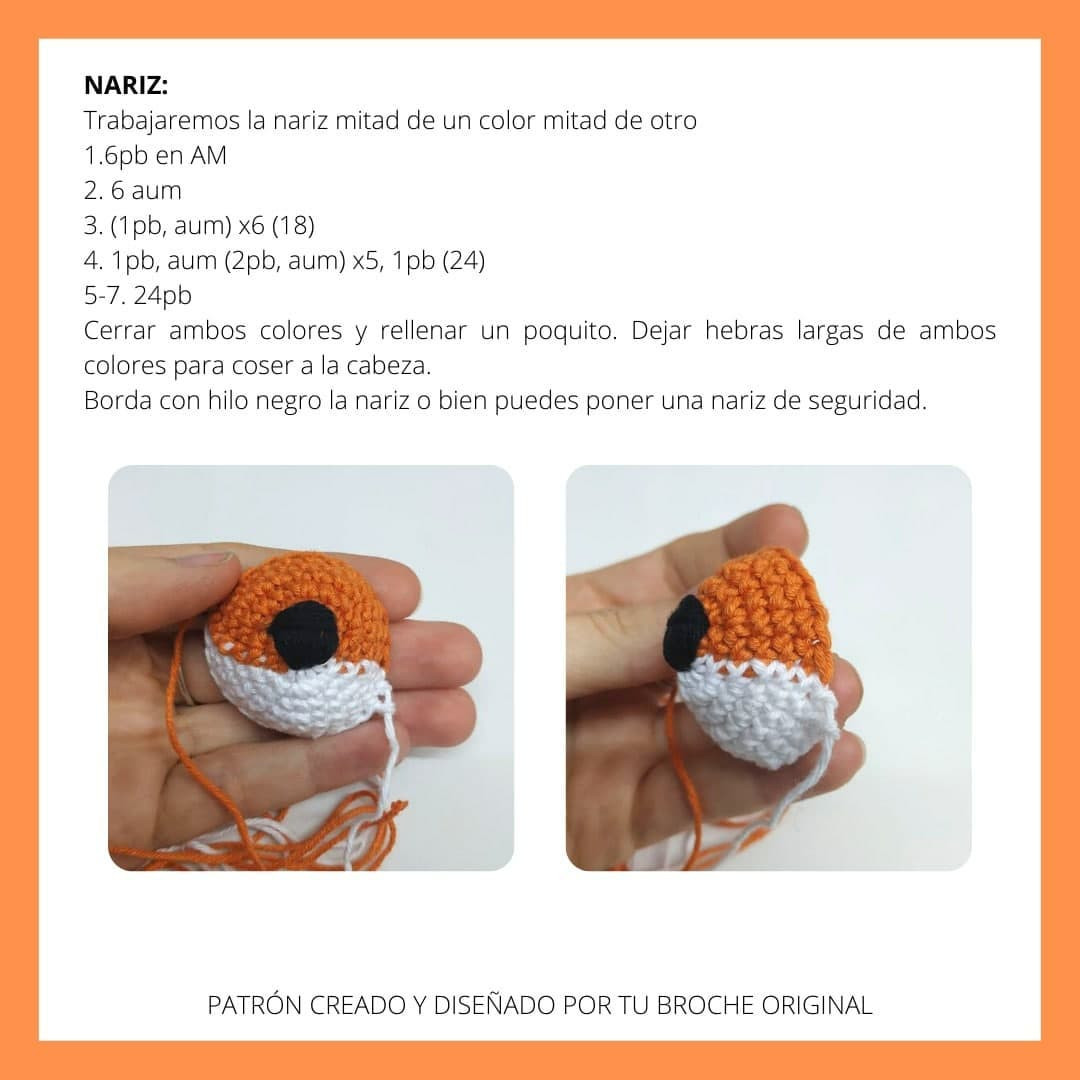 Patrón gratuito de zorro amigurumi en naranja, blanco y negro con instrucciones paso a paso