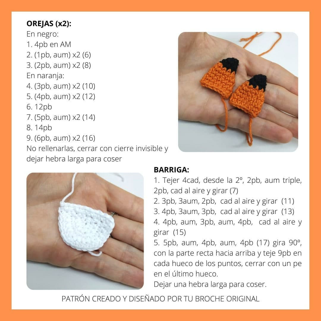 Patrón gratuito de zorro amigurumi en naranja, blanco y negro con instrucciones paso a paso