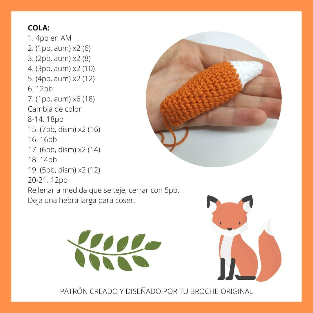 Patrón gratuito de zorro amigurumi en naranja, blanco y negro con instrucciones paso a paso