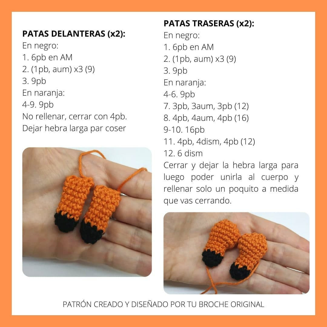 Patrón gratuito de zorro amigurumi en naranja, blanco y negro con instrucciones paso a paso