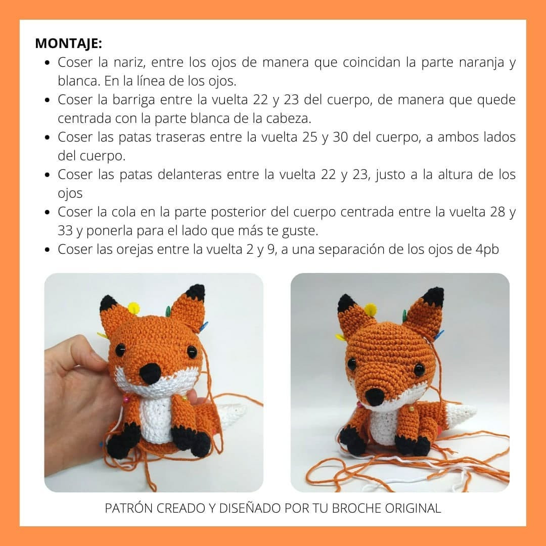 Patrón gratuito de zorro amigurumi en naranja, blanco y negro con instrucciones paso a paso