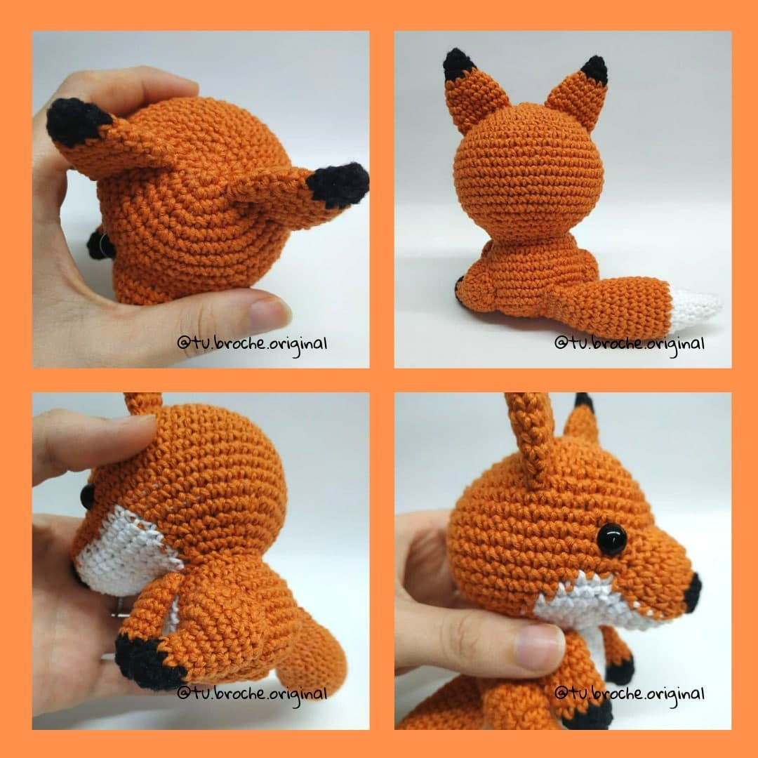 Patrón gratuito de zorro amigurumi en naranja, blanco y negro con instrucciones paso a paso