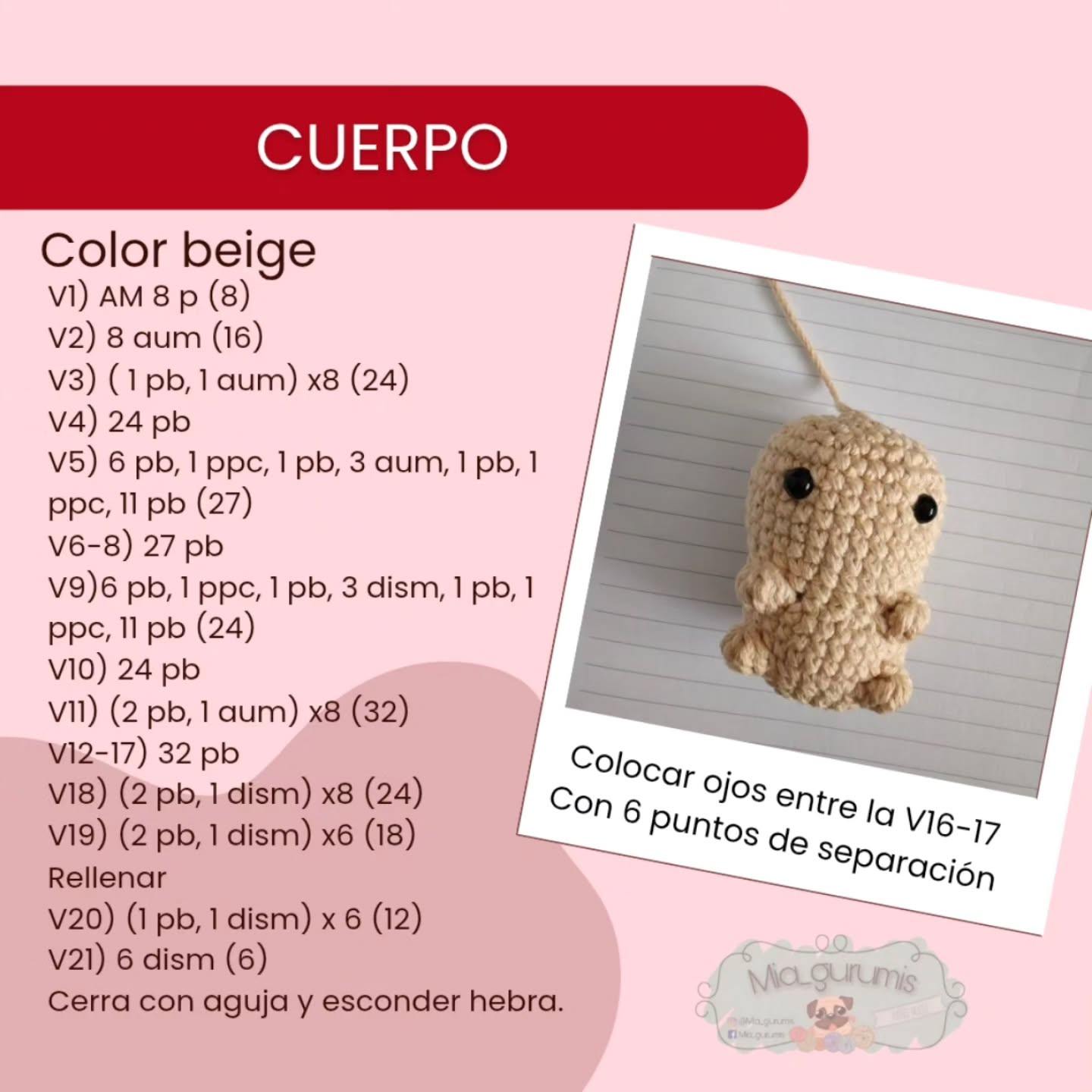 Patrón gratuito Llavero Pug amigurumi beige con corazón rosa, diseño Mia_gurumis