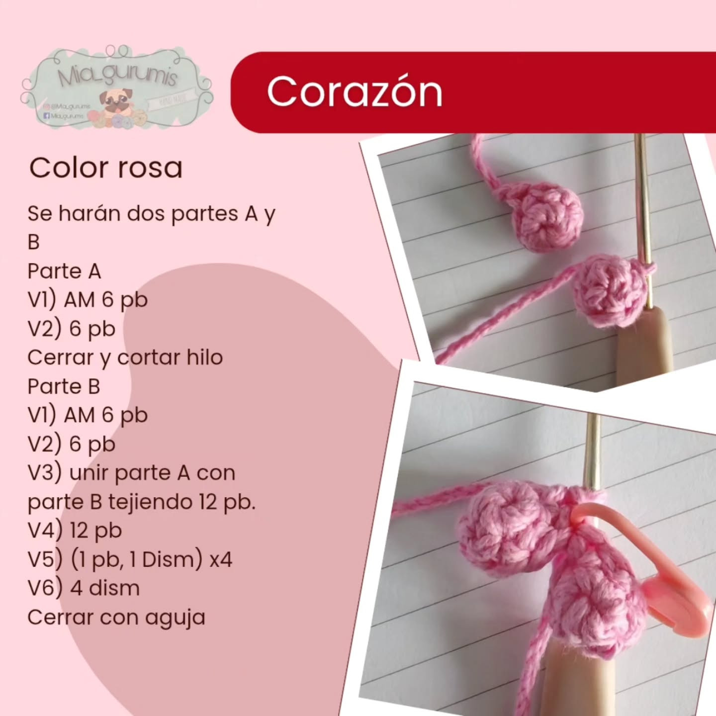 Patrón gratuito Llavero Pug amigurumi beige con corazón rosa, diseño Mia_gurumis