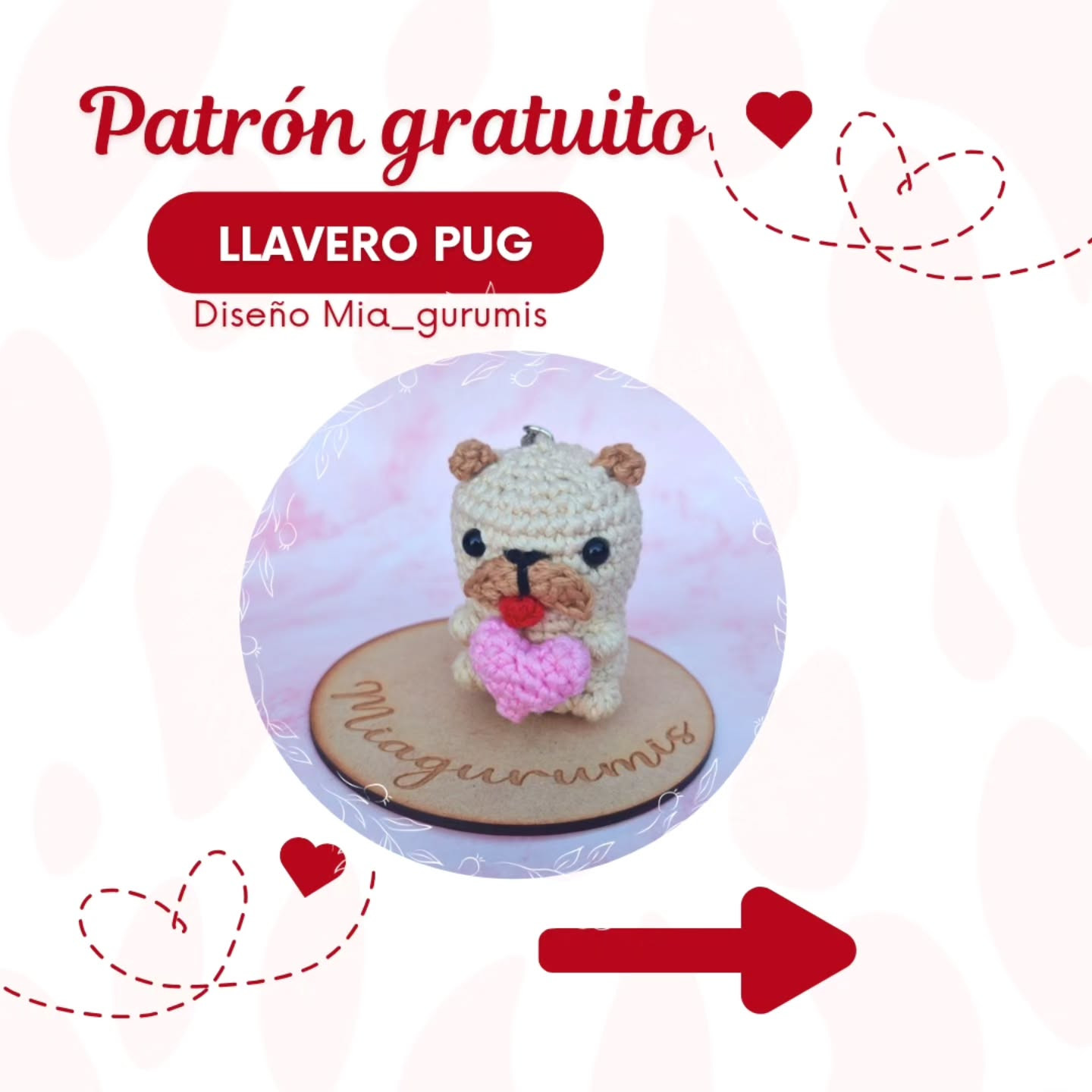 Patrón gratuito Llavero Pug amigurumi beige con corazón rosa, diseño Mia_gurumis