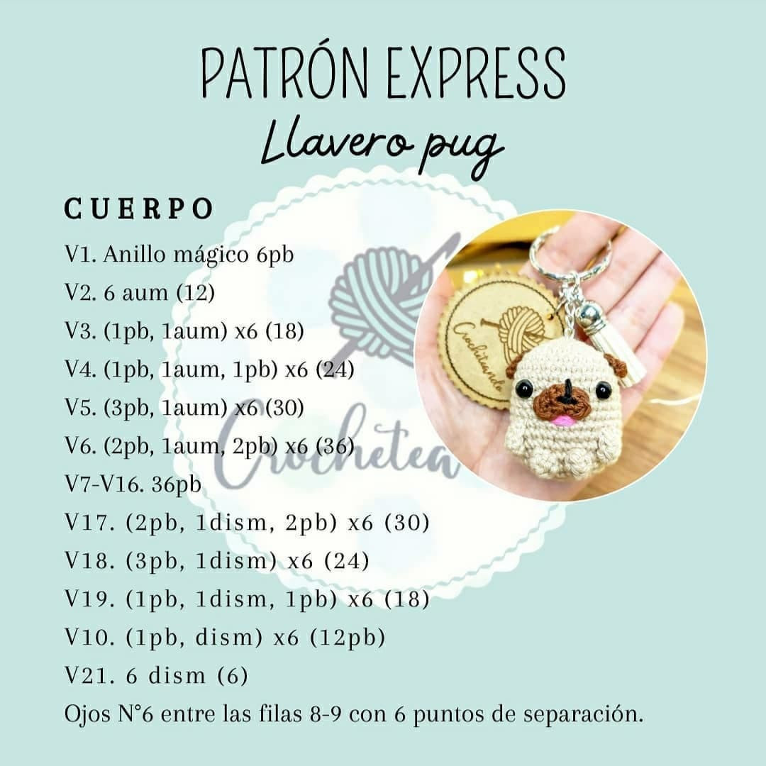 Patrón gratuito Llavero Pug: Guía paso a paso para cuerpo, orejas y patas