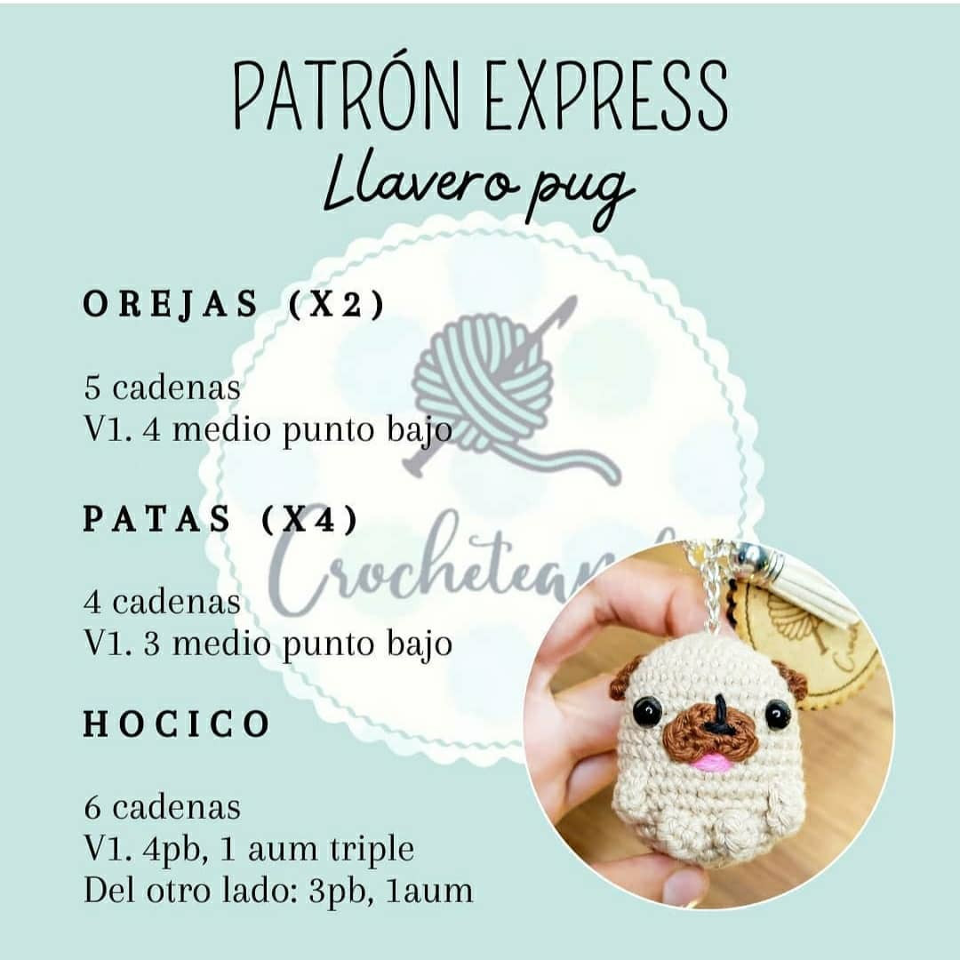 Patrón gratuito Llavero Pug: Guía paso a paso para cuerpo, orejas y patas