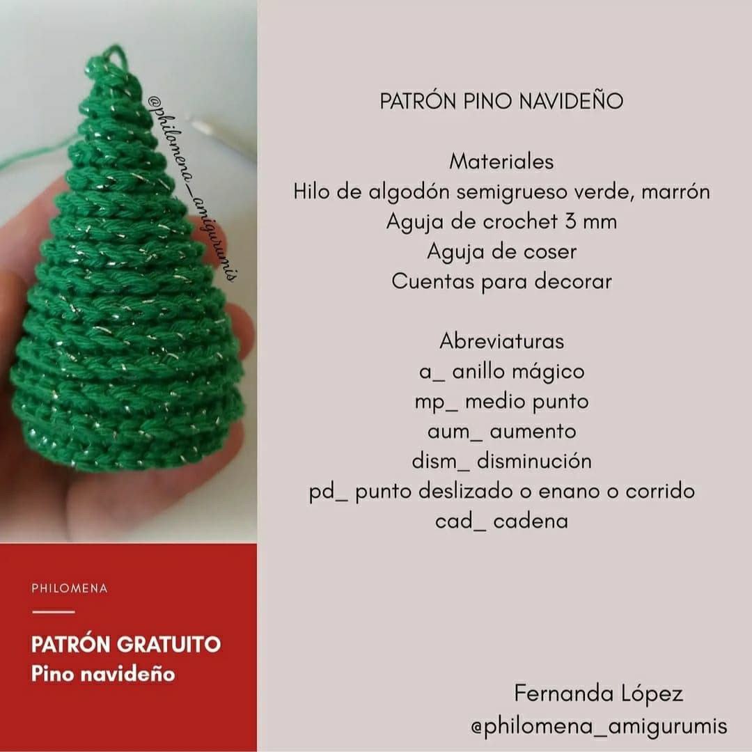 Patrón gratuito Mini Pino Navideño de amigurumi con hilo verde brillante y decoraciones