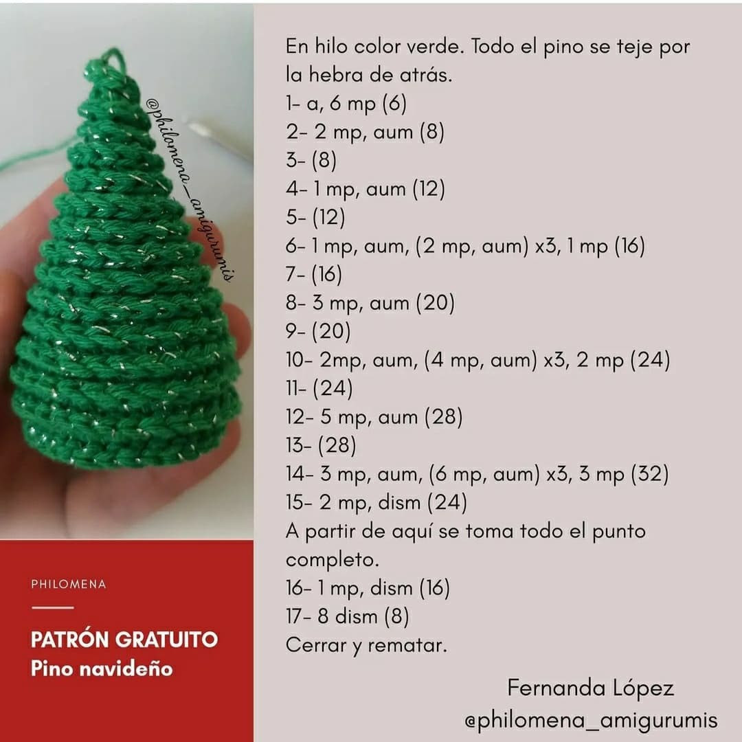 Patrón gratuito Mini Pino Navideño de amigurumi con hilo verde brillante y decoraciones