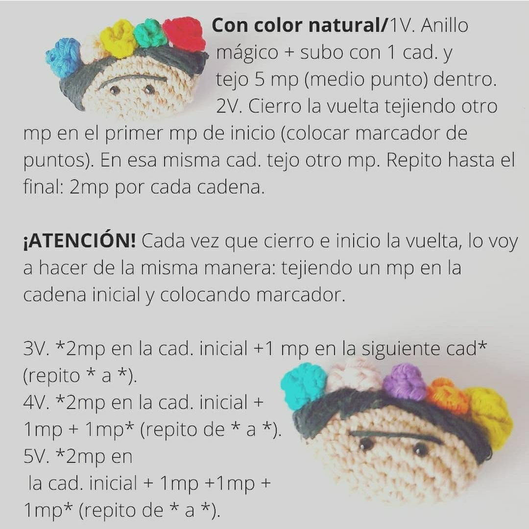 Patrón gratuito para amigurumi Frida Kahlo con flores y ceja unida