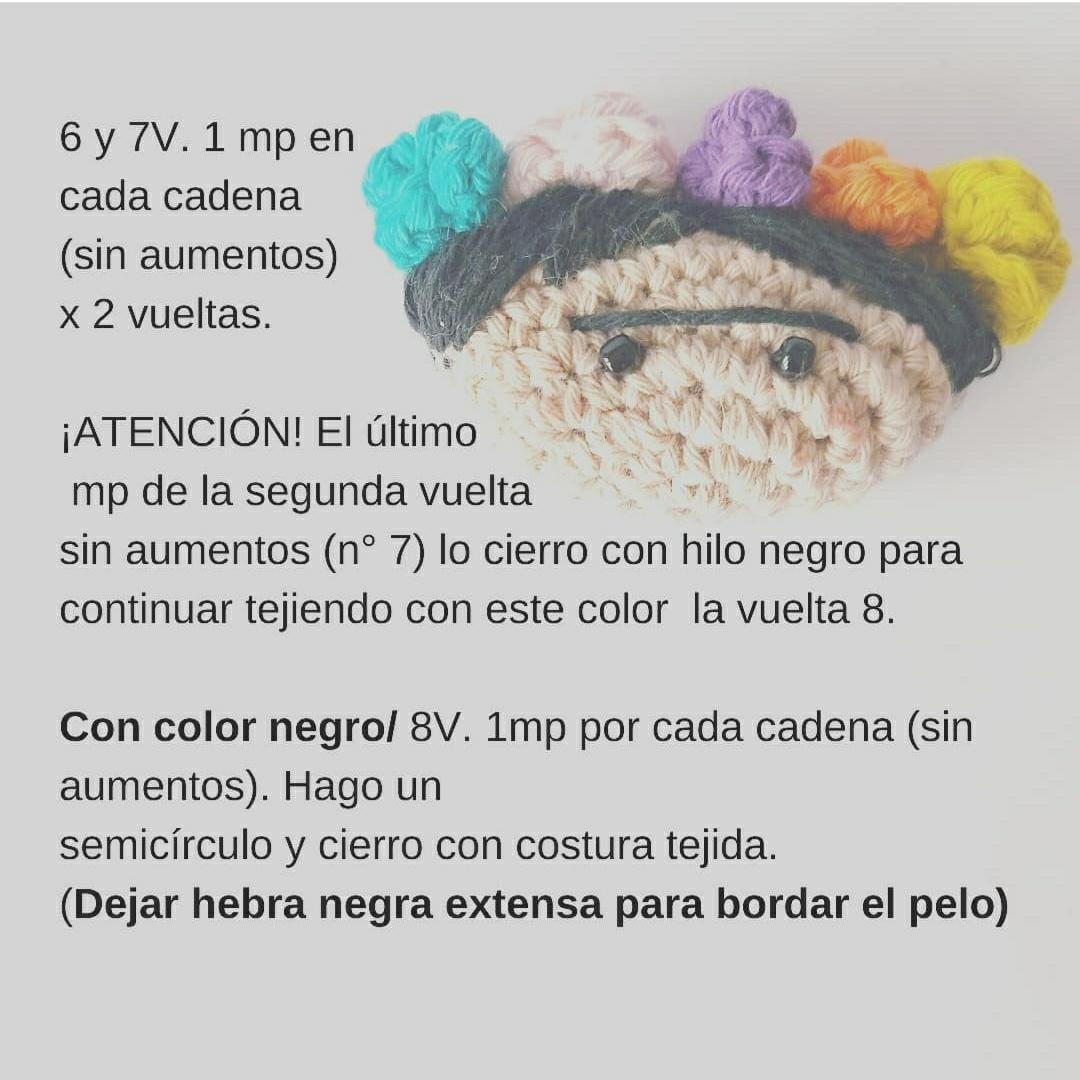 Patrón gratuito para amigurumi Frida Kahlo con flores y ceja unida