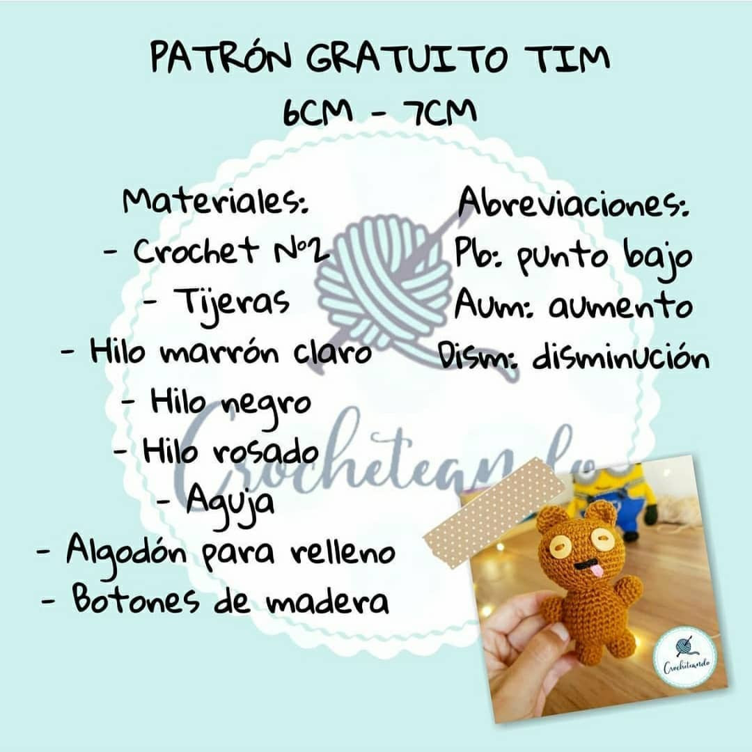 Patrón gratuito Tim: Amigurumi gấu bông màu nâu cầm tay, hướng dẫn chi tiết từng bước móc len