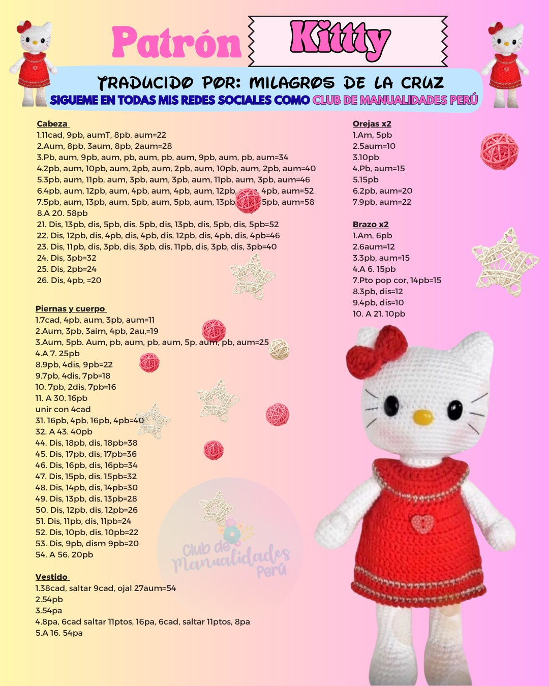 Patrón Kitty: Guía completa para tejer muñeca amigurumi Hello Kitty con vestido rojo