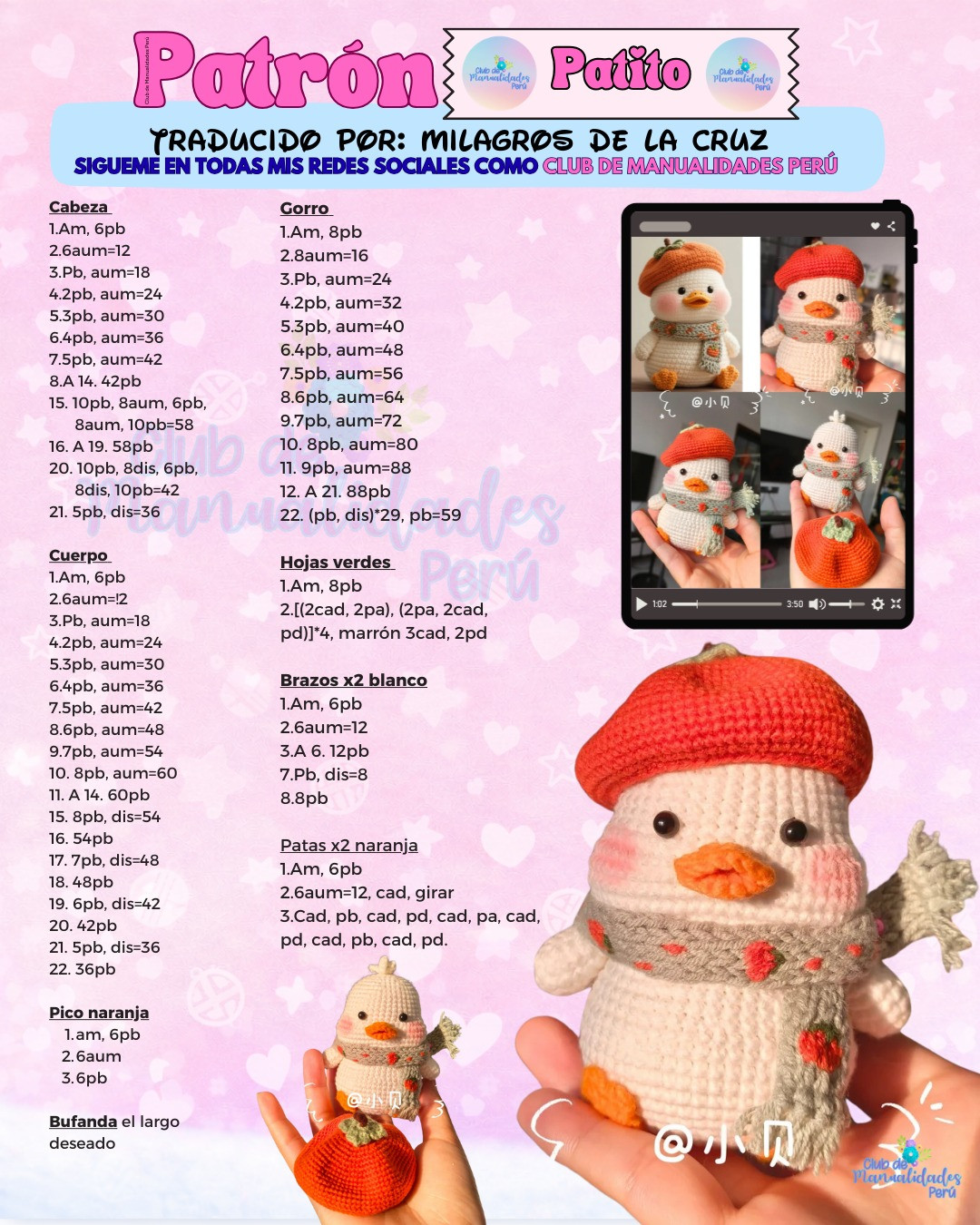 Patrón Patito: Guía paso a paso para tejer amigurumi pato con gorro naranja y bufanda