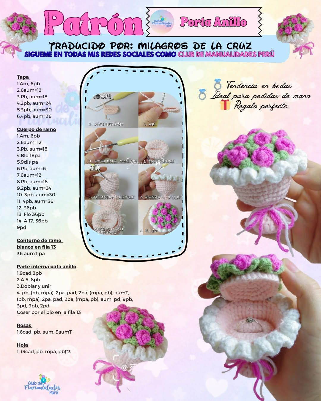 Patrón Porta Anillo Crochet: Caja de anillos con rosas tejidas a mano