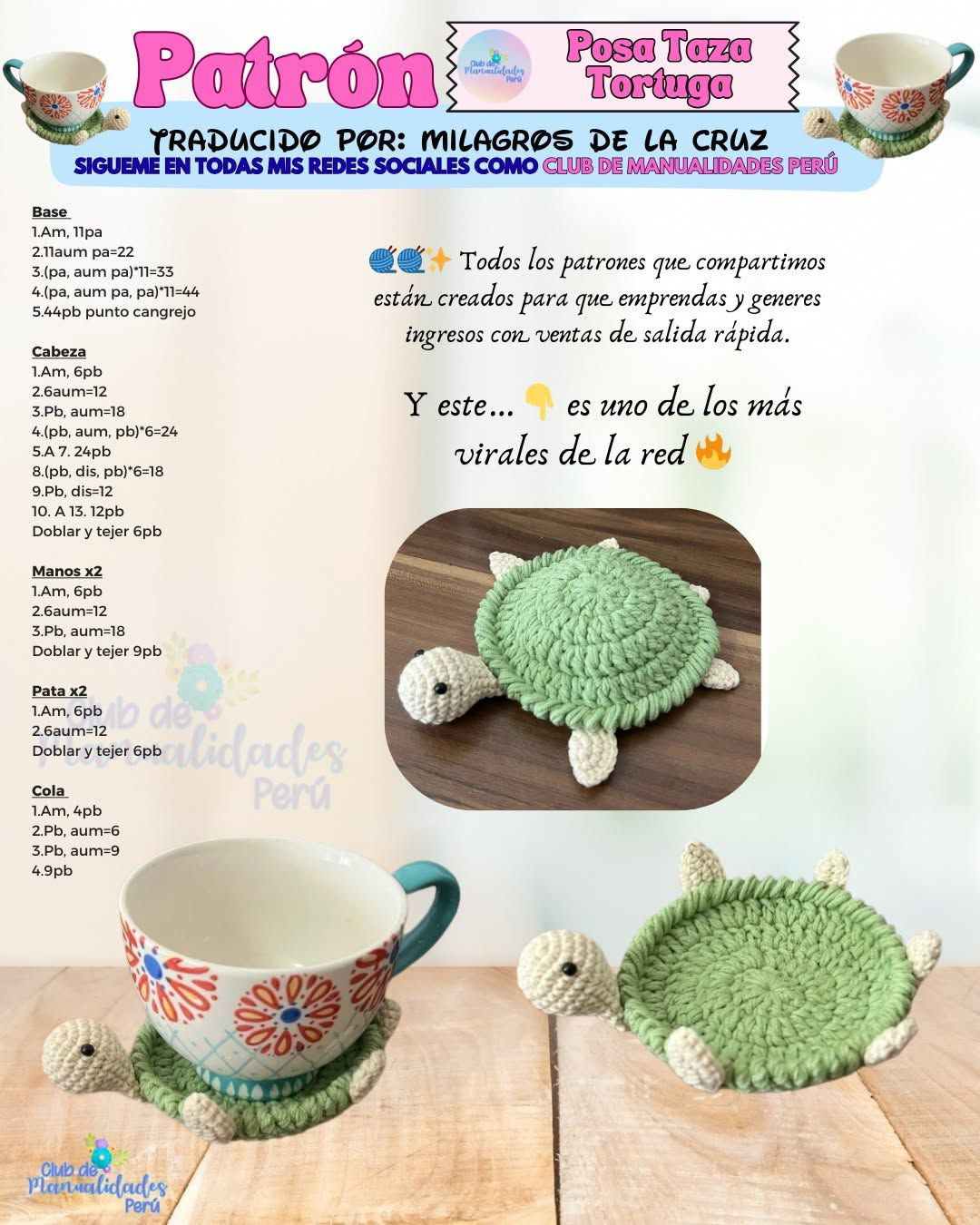 Patrón Posa Taza Tortuga: Guía de tejido a crochet paso a paso para soporte de taza verde
