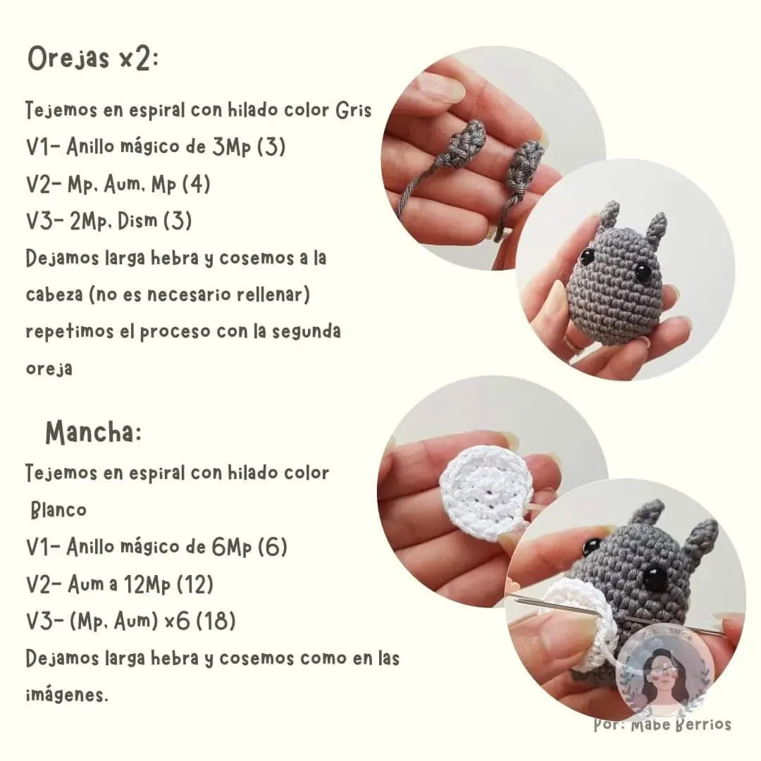 Patrón Totoro Amigurumi Gratuito: Guía de Crochet Paso a Paso con Hilado Gris, Blanco y Verde