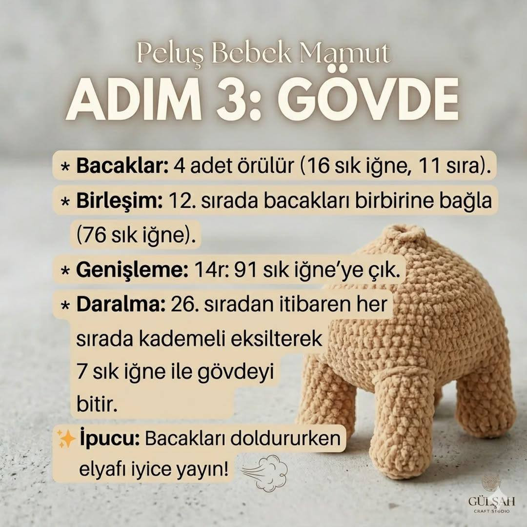 Peluş Bebek Mamut Ücretsiz Amigurumi Tarifi - Adım Adım Örgü Şeması