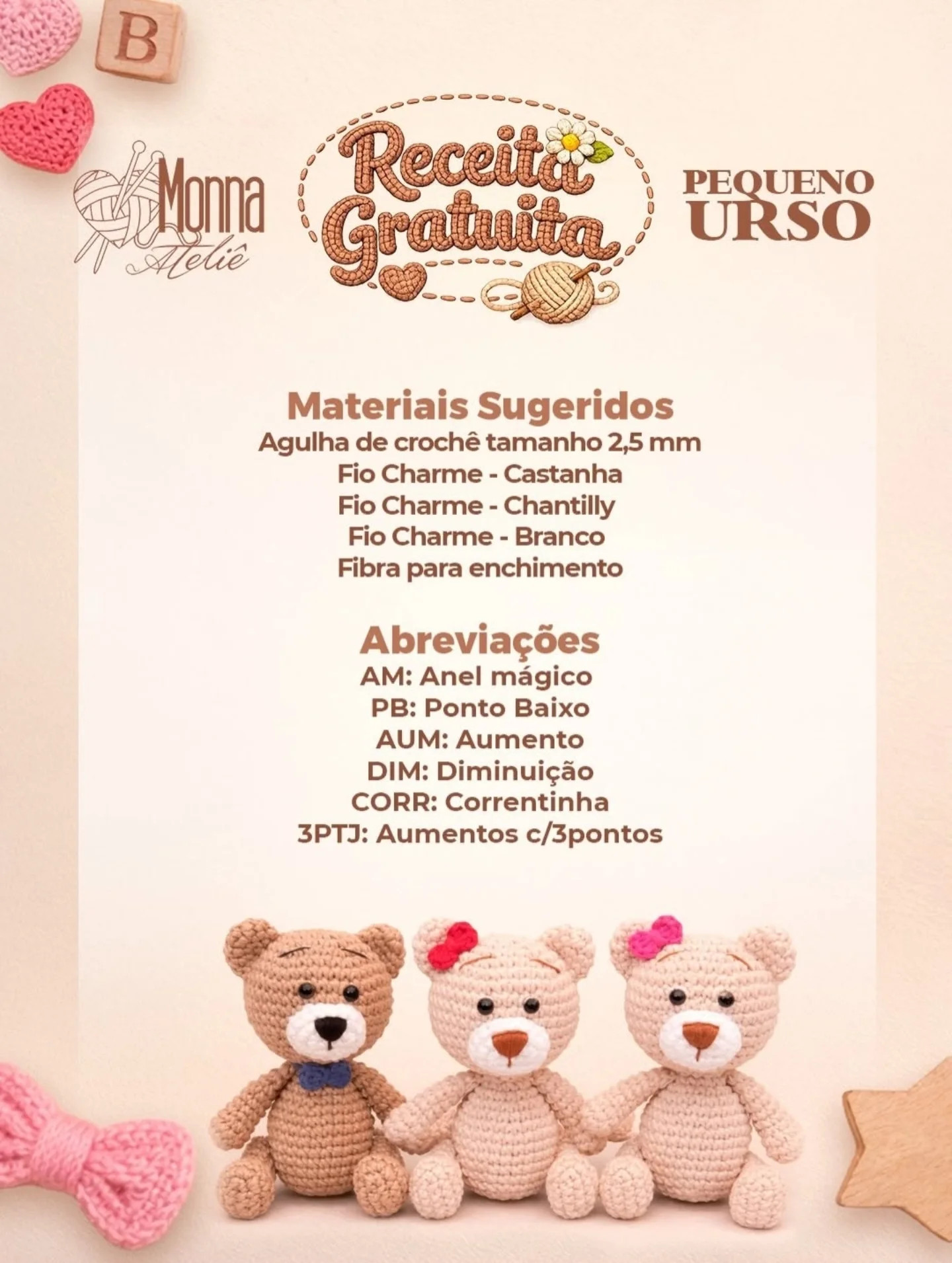 Pequeno Urso Amigurumi: Receita Gratuita de Gấu Bông Nhỏ Móc Len 12cm