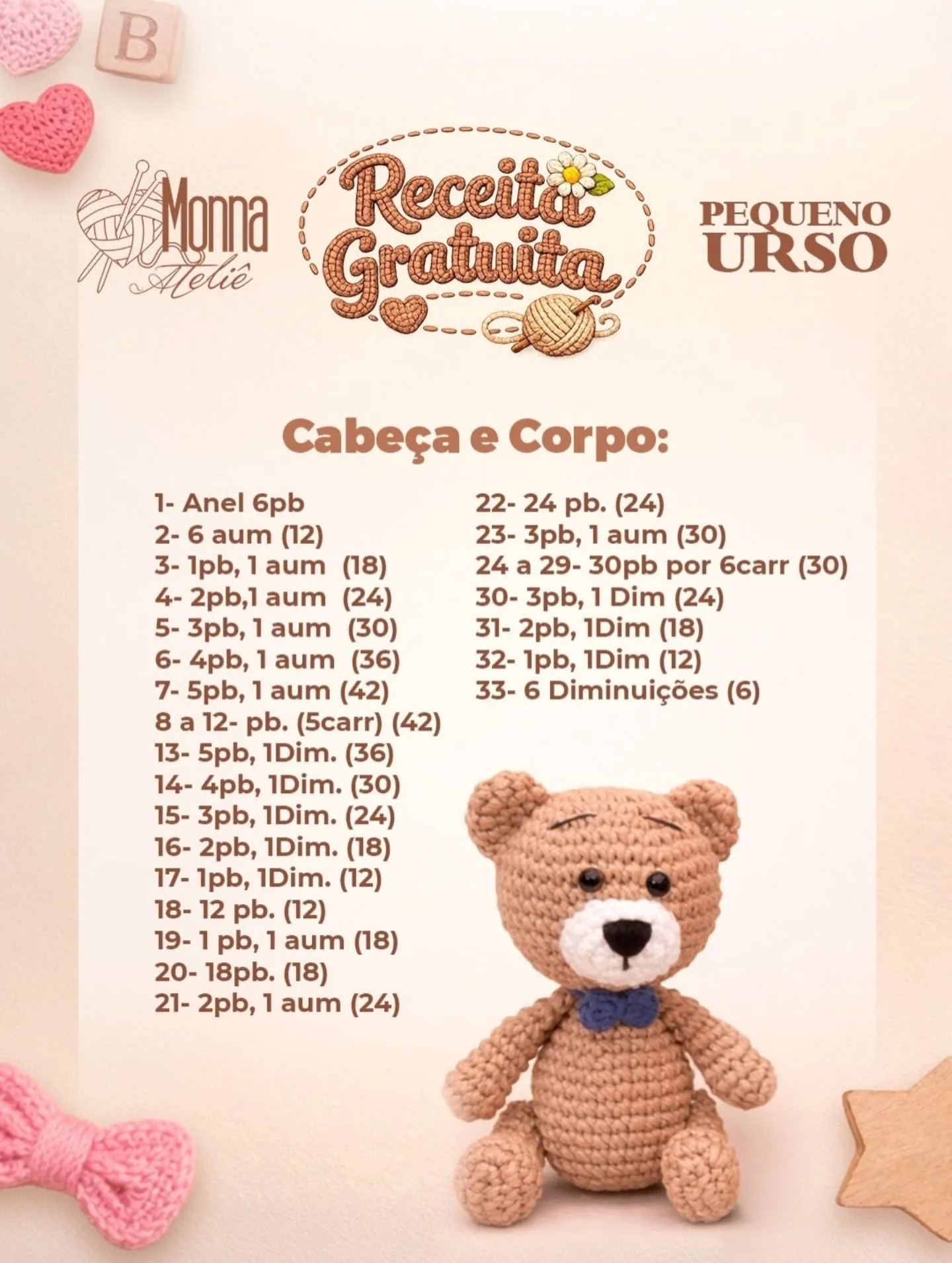 Pequeno Urso Amigurumi: Receita Gratuita de Gấu Bông Nhỏ Móc Len 12cm