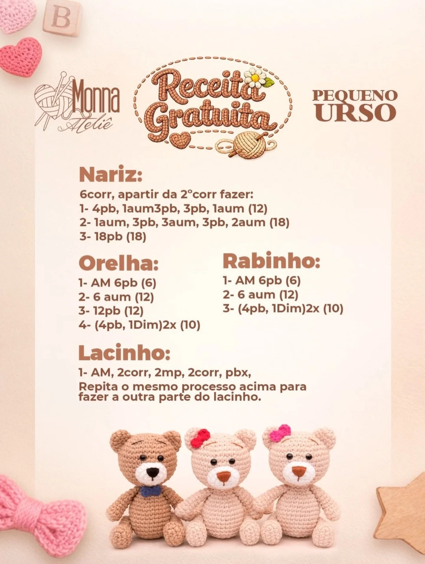 Pequeno Urso Amigurumi: Receita Gratuita de Gấu Bông Nhỏ Móc Len 12cm