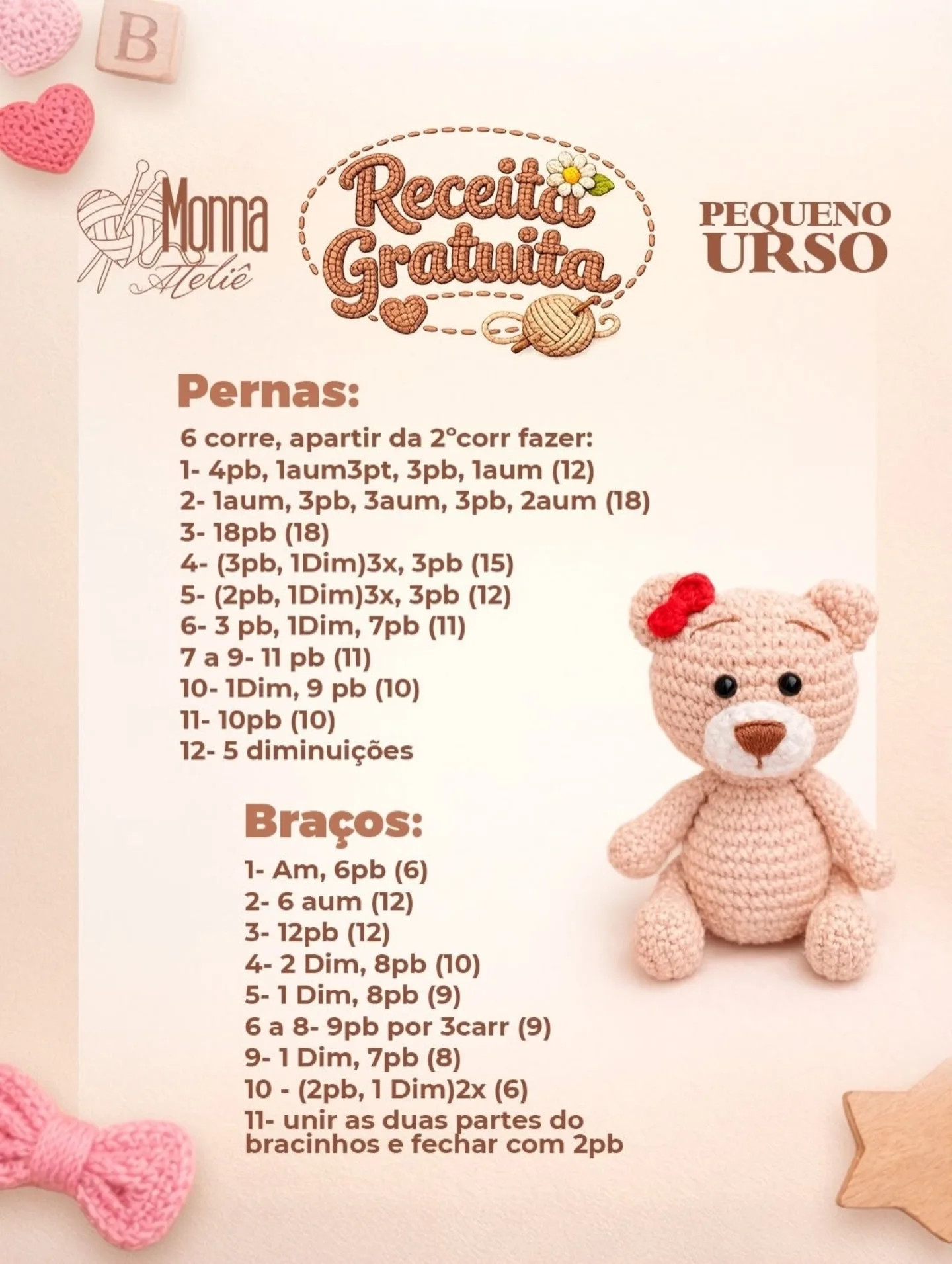 Pequeno Urso Amigurumi: Receita Gratuita de Gấu Bông Nhỏ Móc Len 12cm