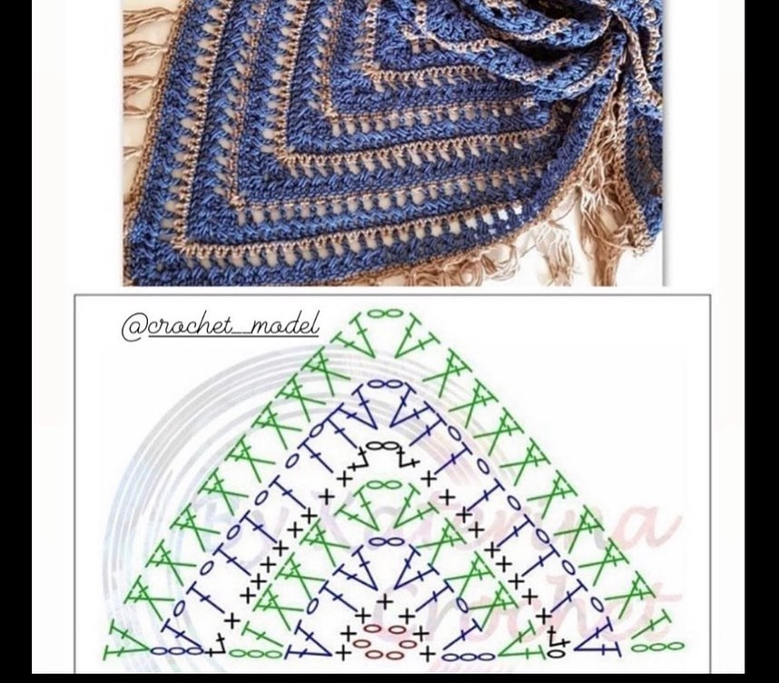 Poncho Pattern: Blue and Beige Chevron Design with Detailed Crochet Chart