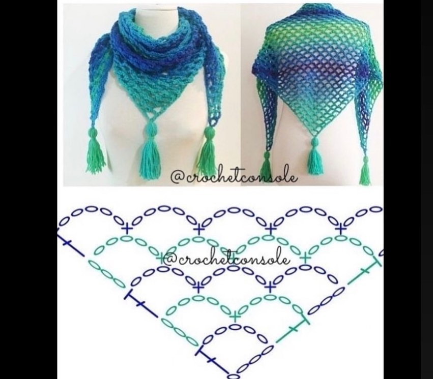 Poncho Pattern: Blue and Beige Chevron Design with Detailed Crochet Chart