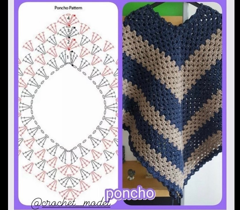 Poncho Pattern: Blue and Beige Chevron Design with Detailed Crochet Chart