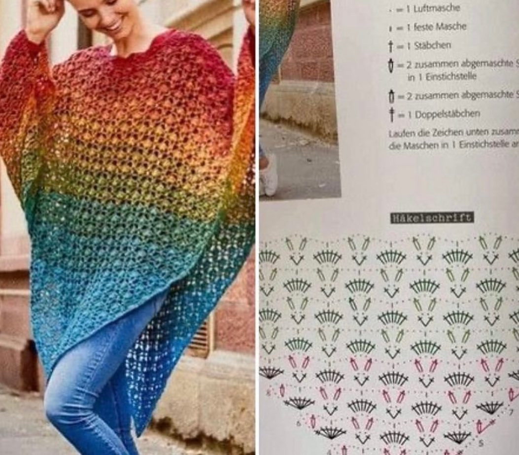 Poncho Pattern: Blue and Beige Chevron Design with Detailed Crochet Chart