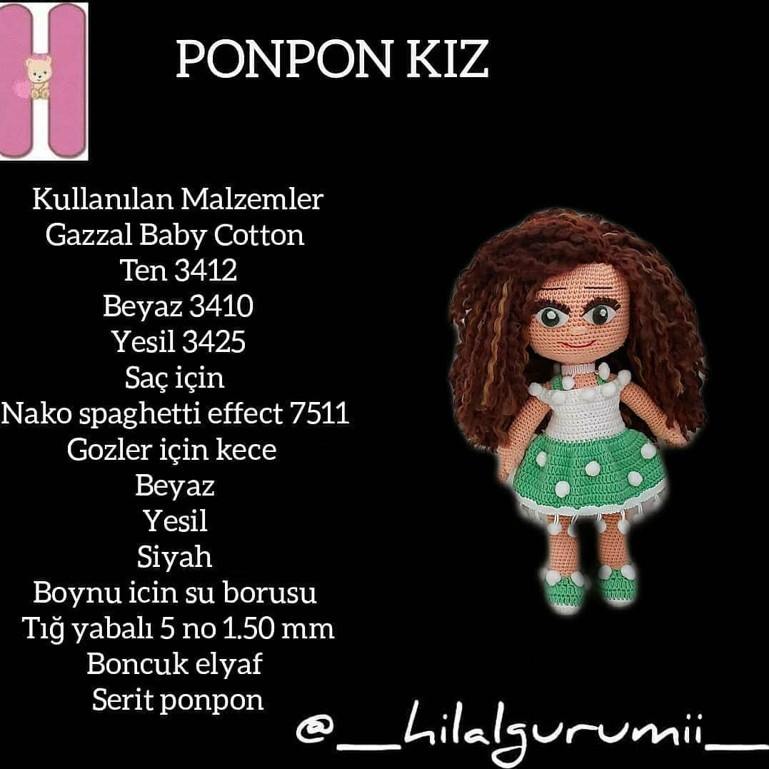PONPON KIZ Amigurumi Pattern: Crochet Doll with Green Dress and Pom-Poms